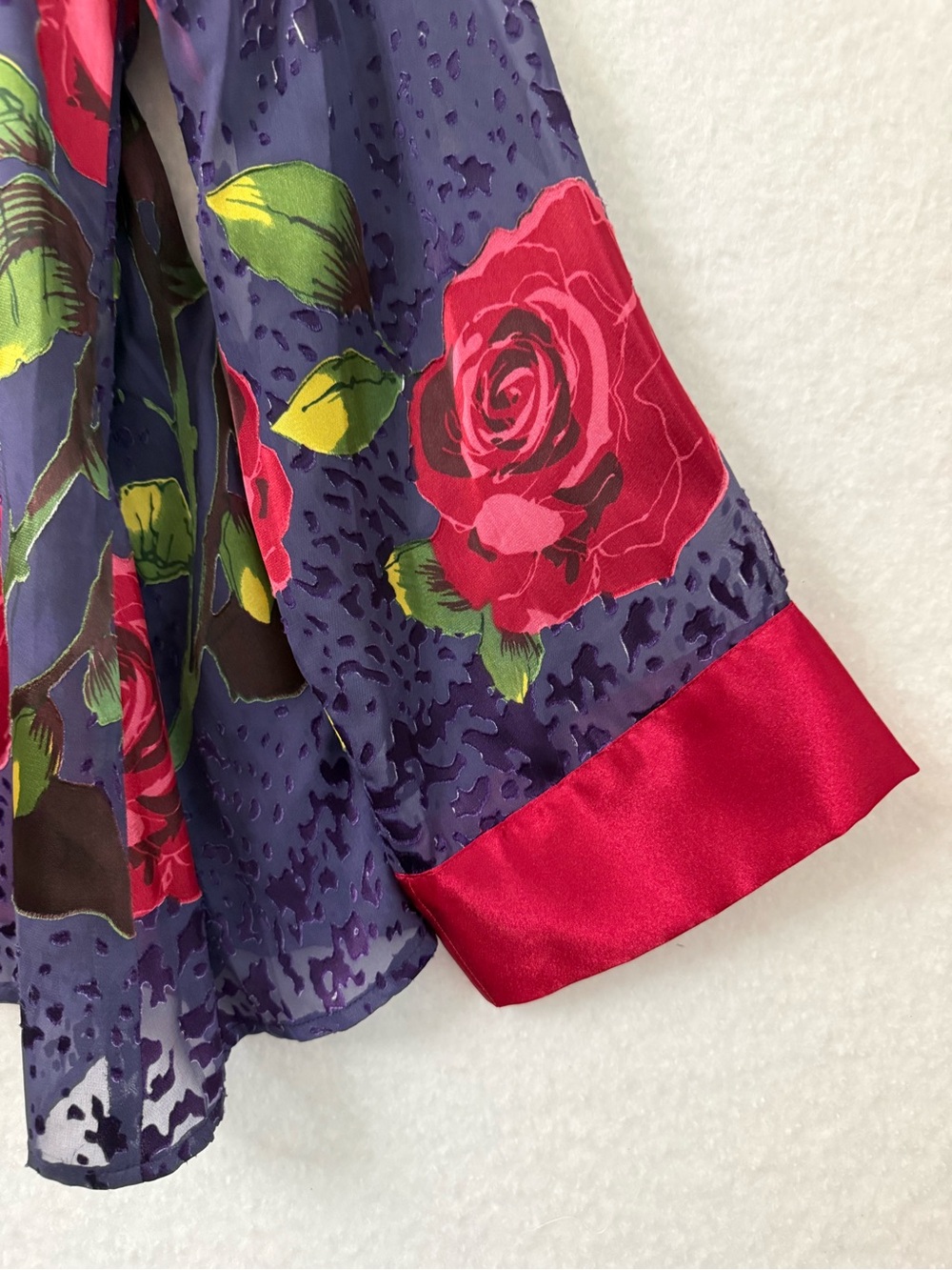 Mirasol Purple Floral sheer kimono with Red Satin Trim - Picture 6 of 7